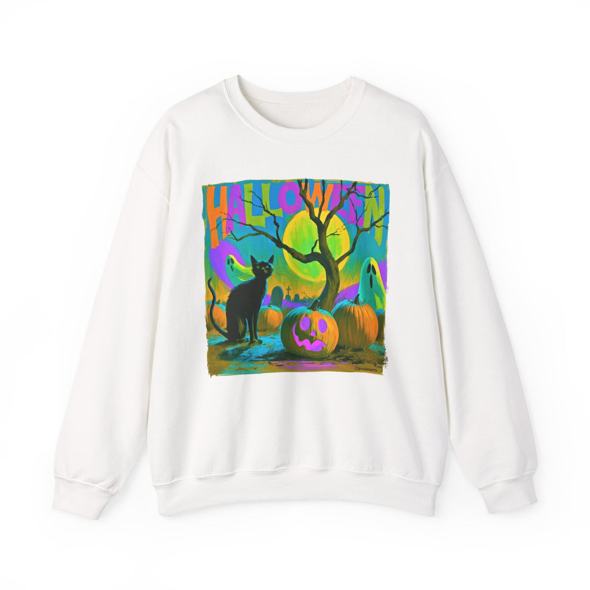 Colorful Halloween Sweatshirt, Black Cat Ghost Pumpkin Crewneck, Neon Spooky Halloween Shirt, Retro Halloween Sweater