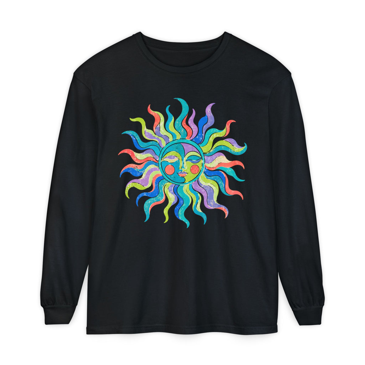 Colorful Sun Long Sleeve Shirt, Celestial Sun Face Tee, Retro Folk Art Shirt, Whimsical Boho Graphic Top