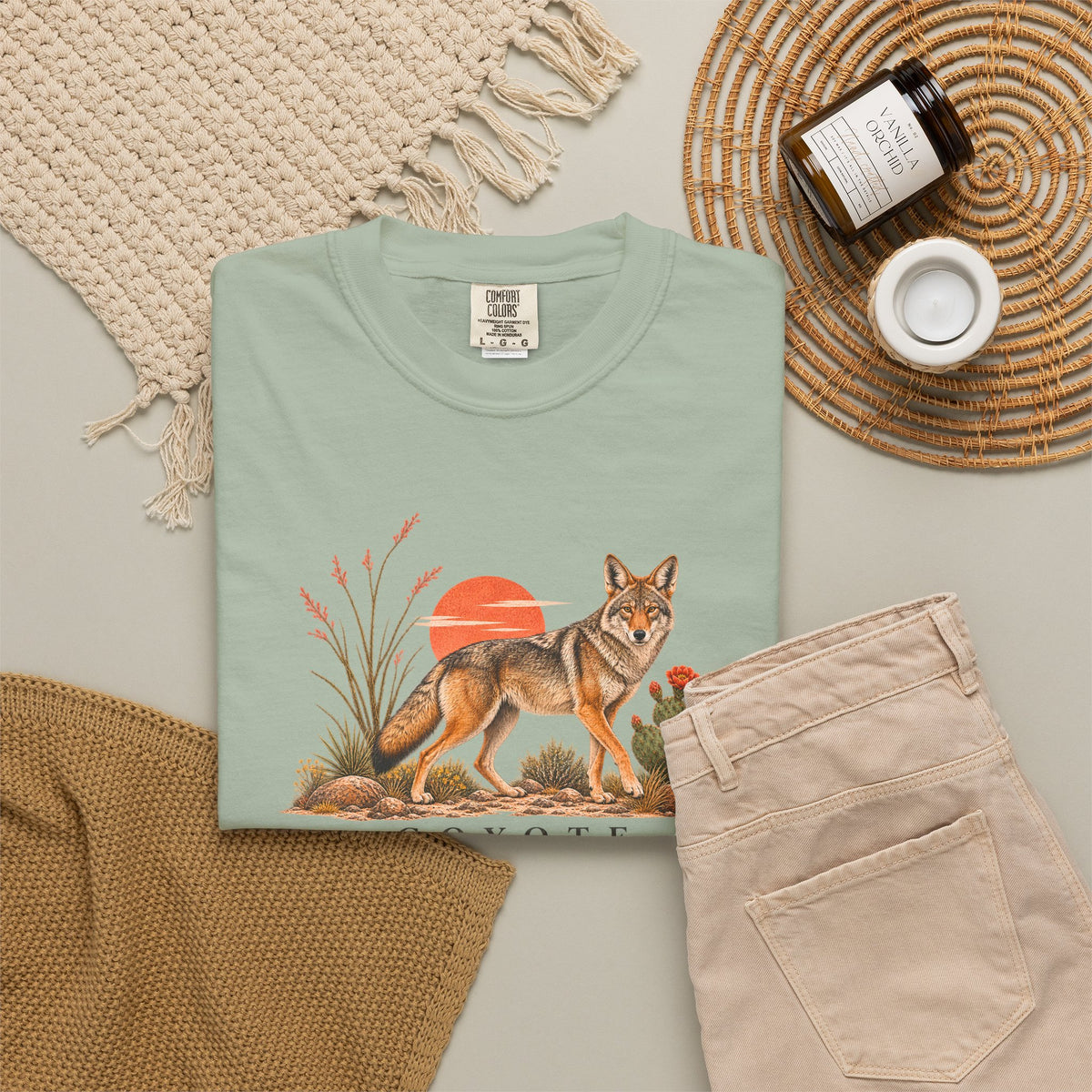 Coyote Sunset Illustration T-Shirt | Desert Plants Wildlife Tee