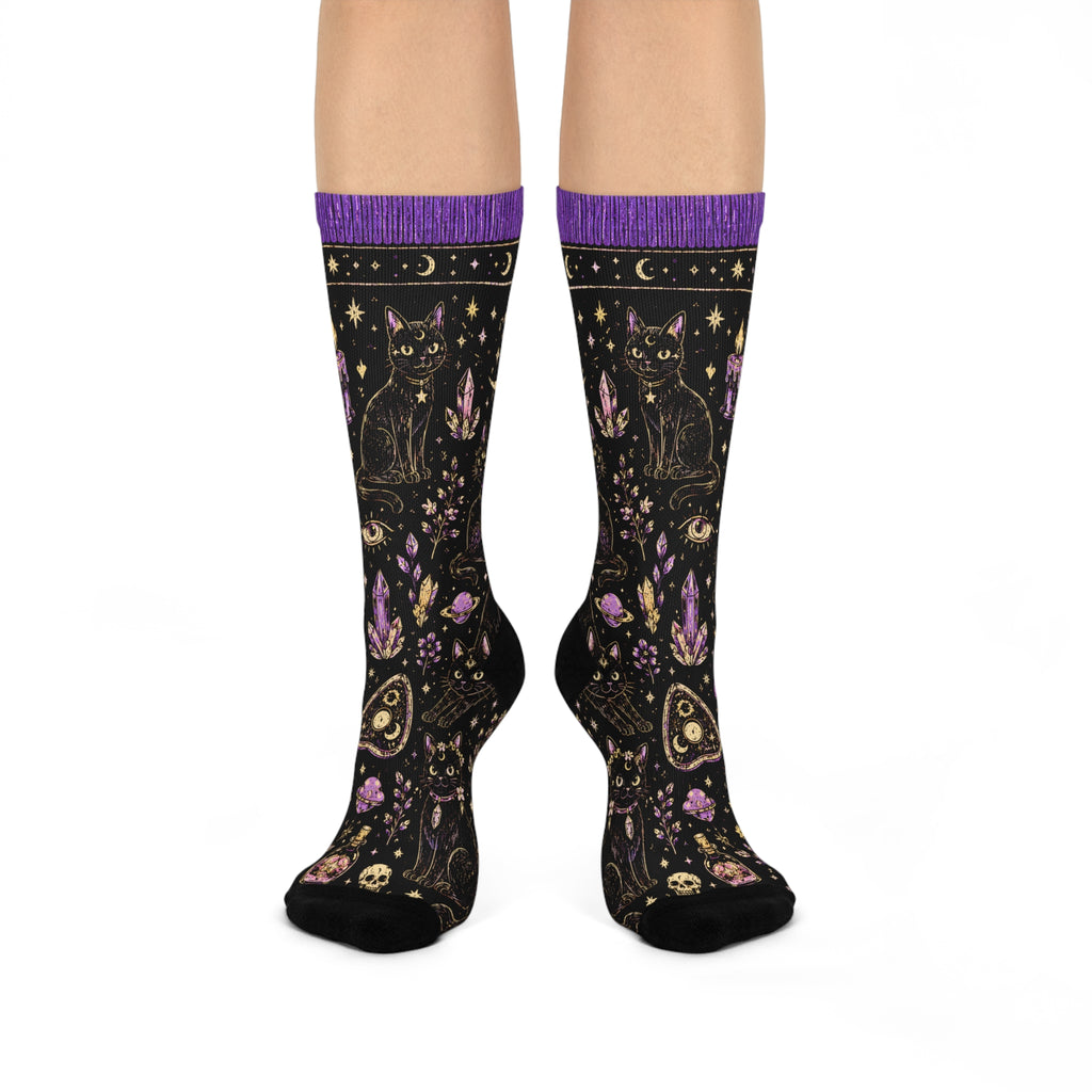 Black Cat Magic Crew Socks | Witchy Moon, Crystals & Candles