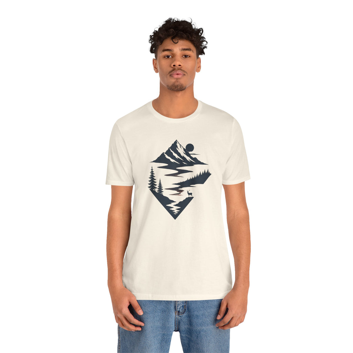 Adventure Is Calling Mountain Nature Graphic Tee | Bella Canvas 3001 Outdoor Hiking Shirt | River Forest Deer Wilderness T-Shirt