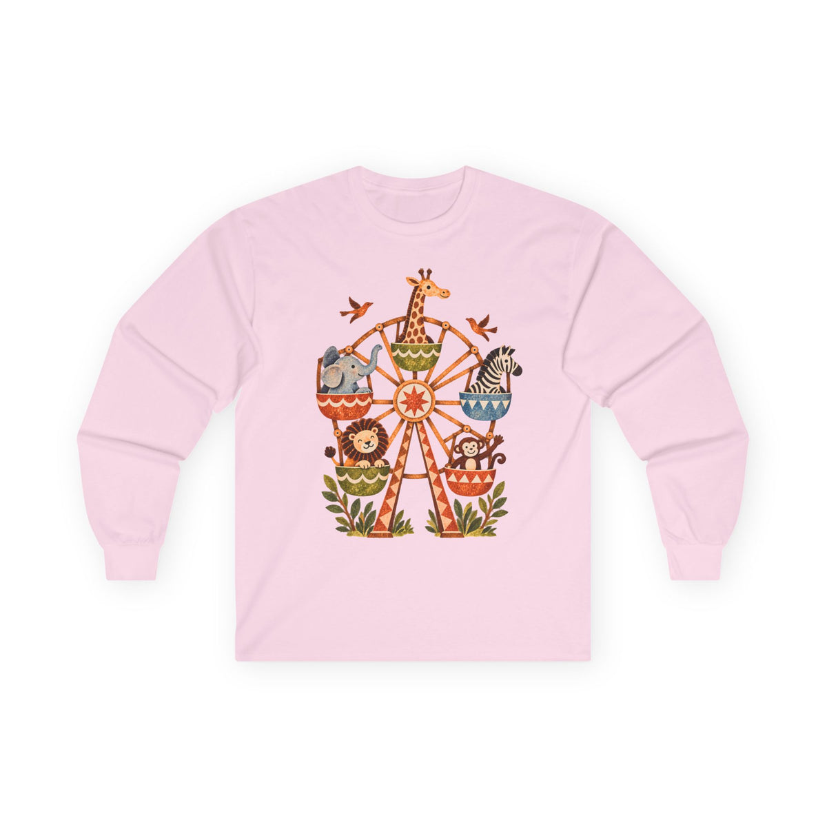 Vintage Safari Ferris Wheel Long Sleeve Shirt, Whimsical Zoo Animal Tee, Retro Storybook Graphic, Unisex Animal Lover Gift