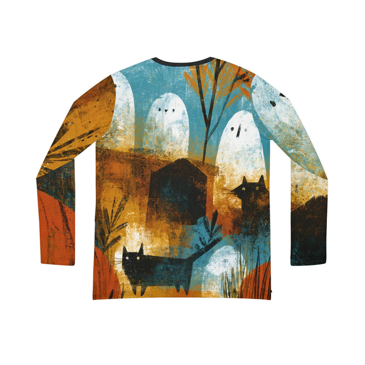 Ghost Cat Harvest Long Sleeve Shirt, Halloween Ghost & Black Cat V Neck Top, Retro Fall Art Shirt, Spooky Autumn AOP Tee