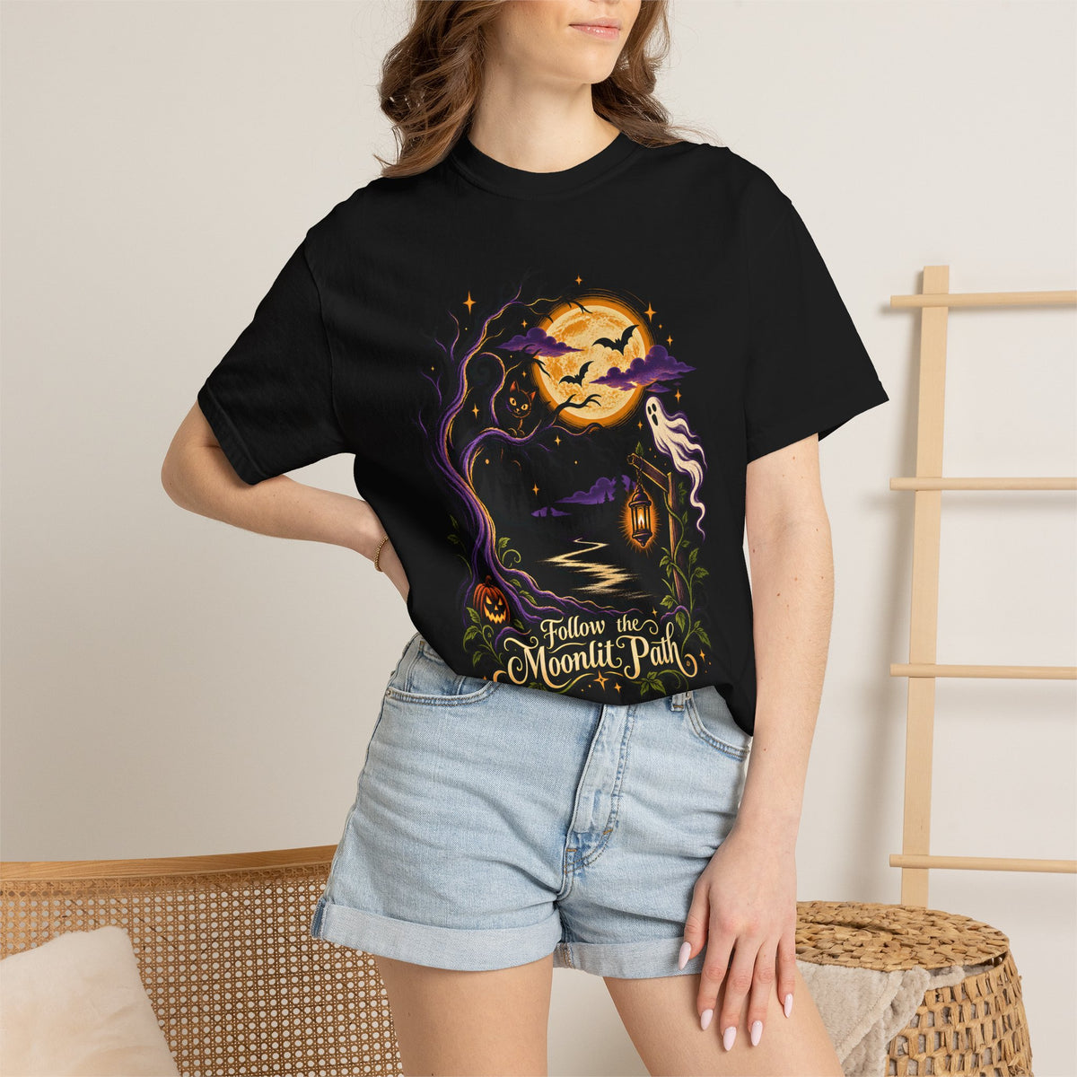 Halloween Shirt, Haunted Trail Tee, Moonlit Path Graphic, Spooky Ghost Black Cat Pumpkin Shirt, Comfort Colors 1717 Fall Tee
