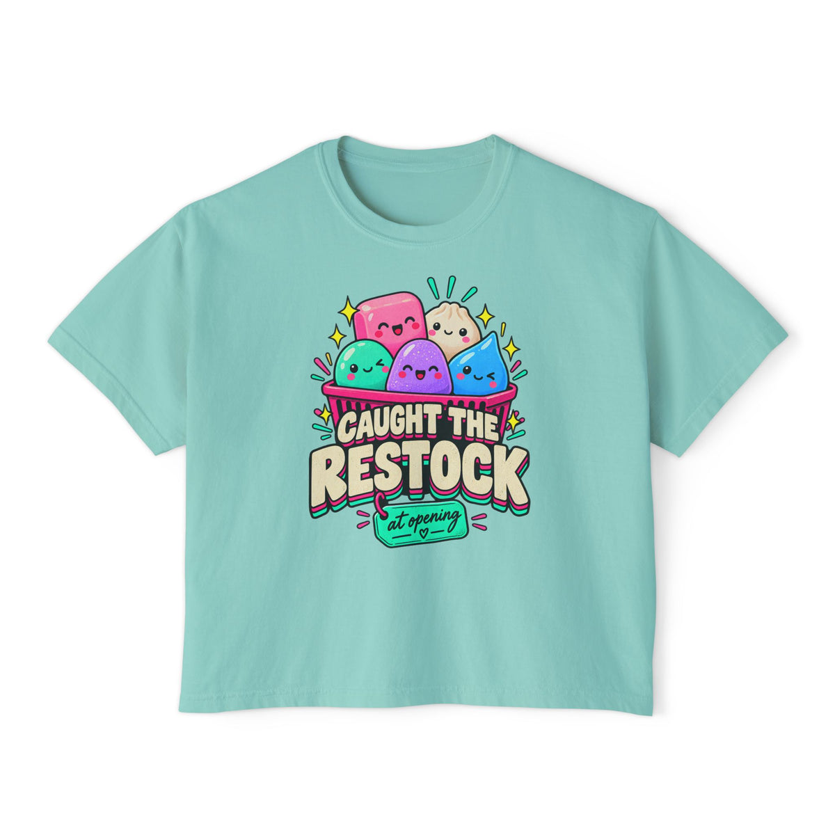 Caught the Restock Crop Tee, Squishy Hunting Shirt, Cute Sensory Toy Collector Top, Kawaii Restock Graphic Tee