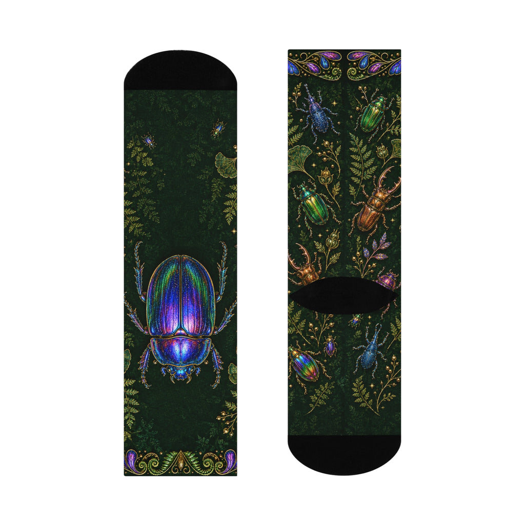 Iridescent Beetles Cushioned Crew Socks | Bug Pattern, Dark Green