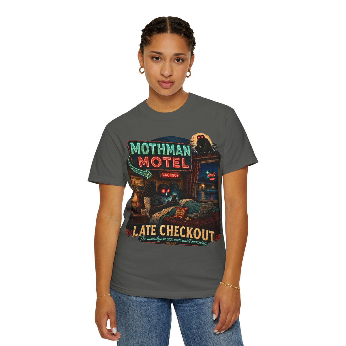 Mothman Motel Late Checkout T-Shirt | Cryptid Retro Horror Art