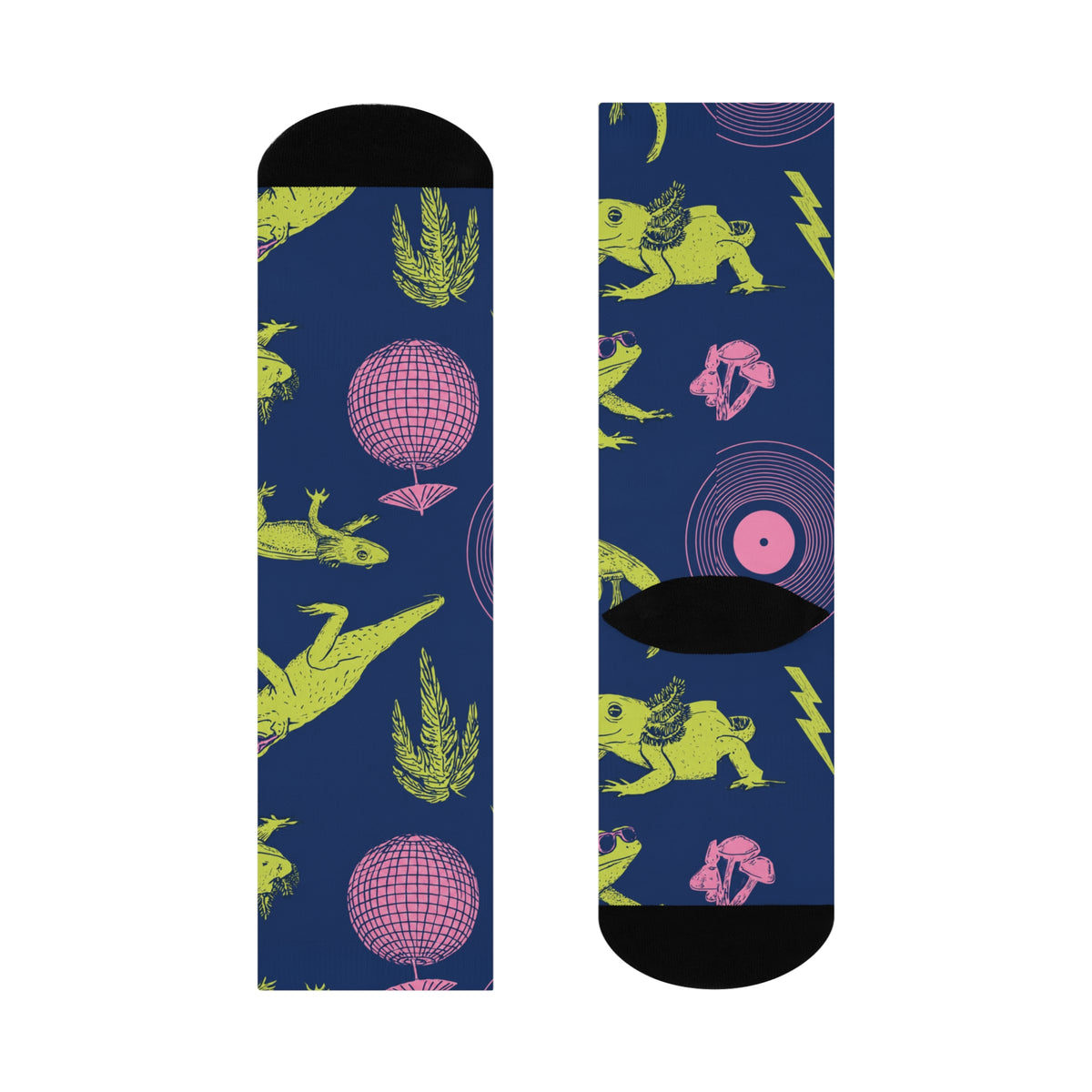 Neon Axolotl Disco Crew Socks | Lime Pink Retro Dance Print