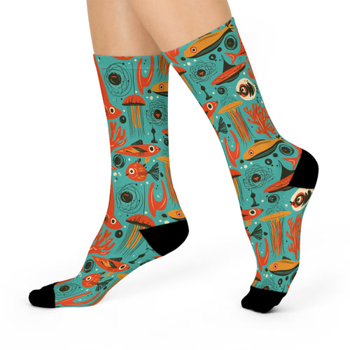 Atomic Aquarium Crew Socks | Retro Orange Fish & Jellyfish
