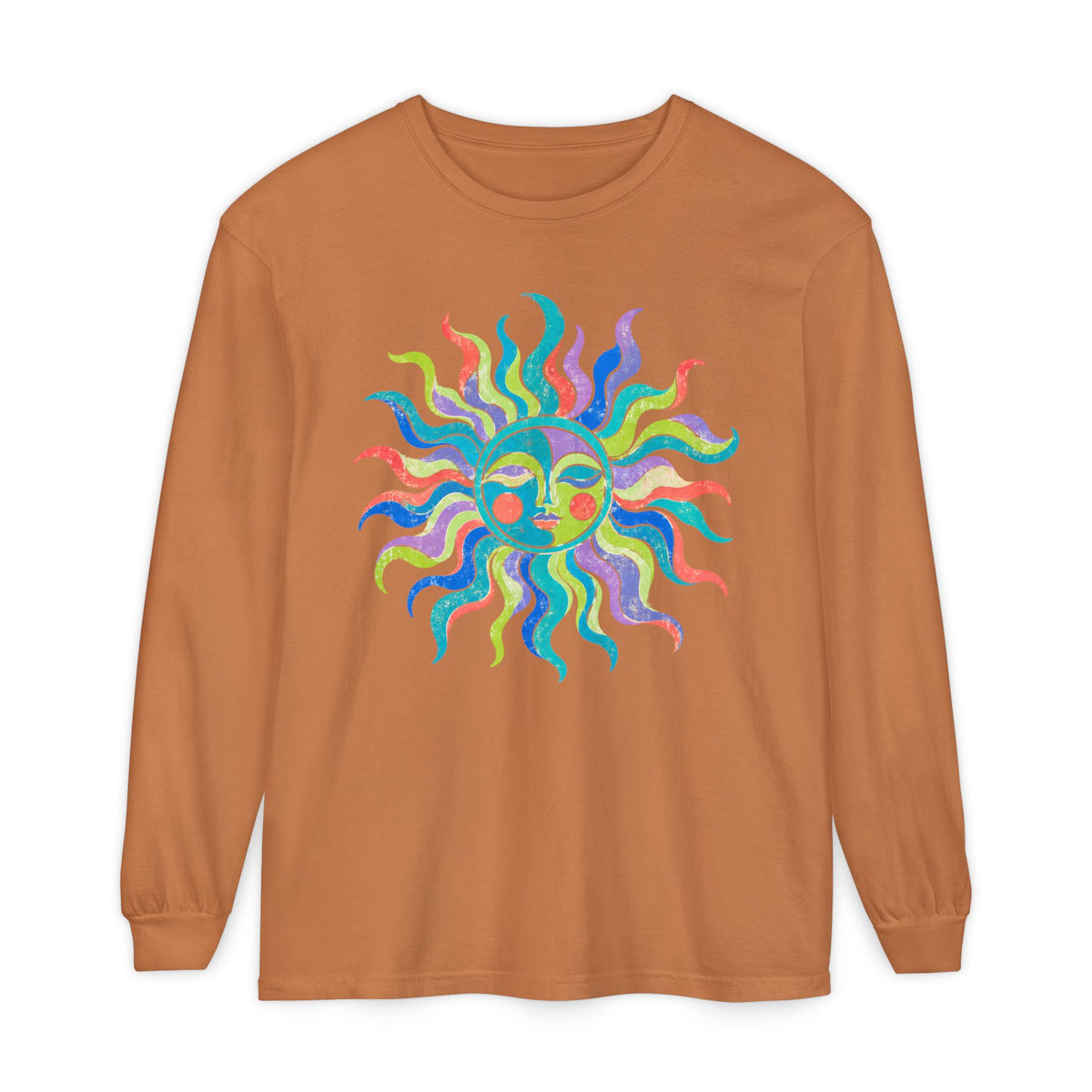 Colorful Sun Long Sleeve Shirt, Celestial Sun Face Tee, Retro Folk Art Shirt, Whimsical Boho Graphic Top