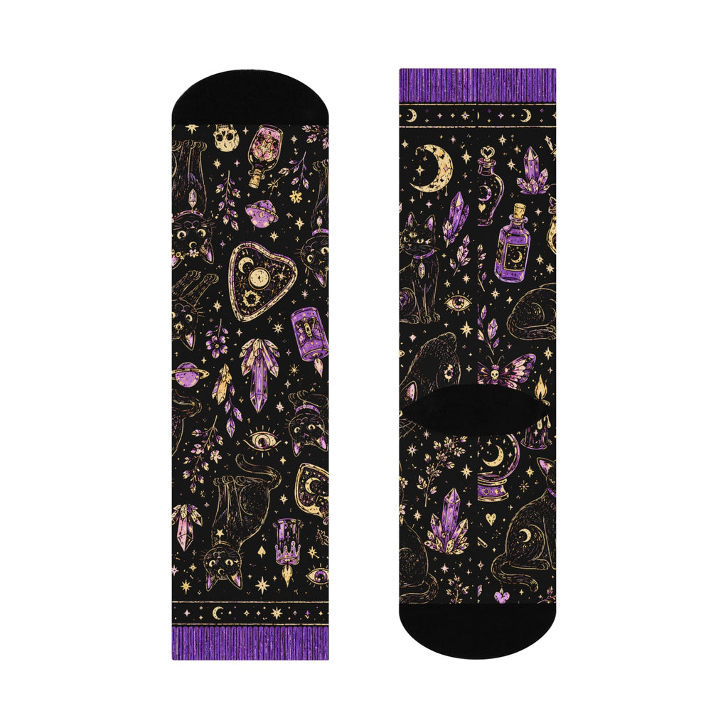 Black Cat Magic Crew Socks | Witchy Moon, Crystals & Candles