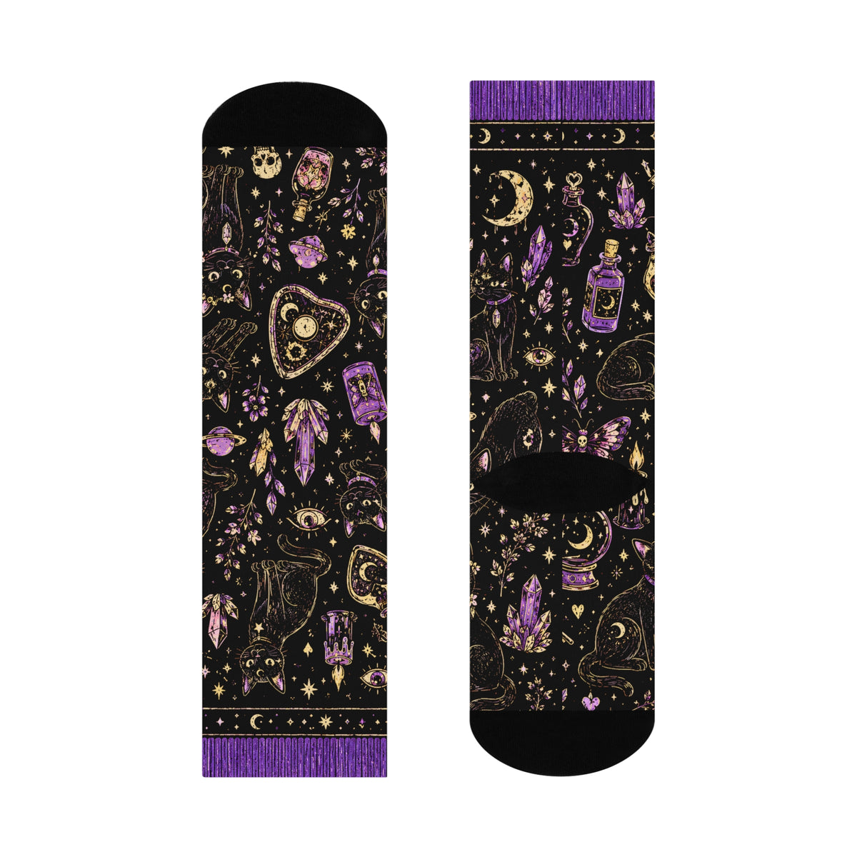 Black Cat Magic Crew Socks | Witchy Moon, Crystals & Candles