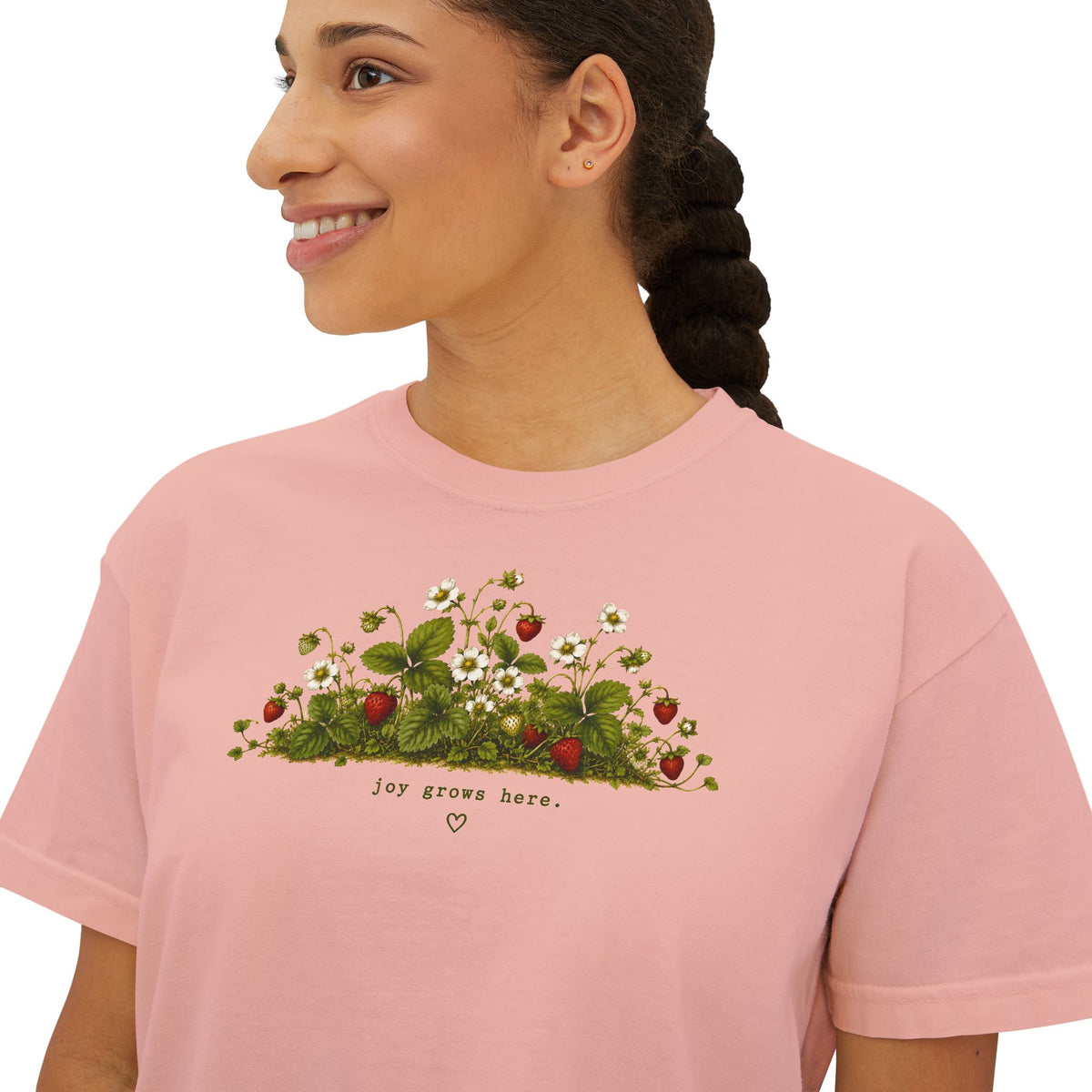 Joy Grows Here Boxy Tee | Strawberry Blossom Cottagecore Shirt | Cute Women's Cropped Relaxed Graphic Tee