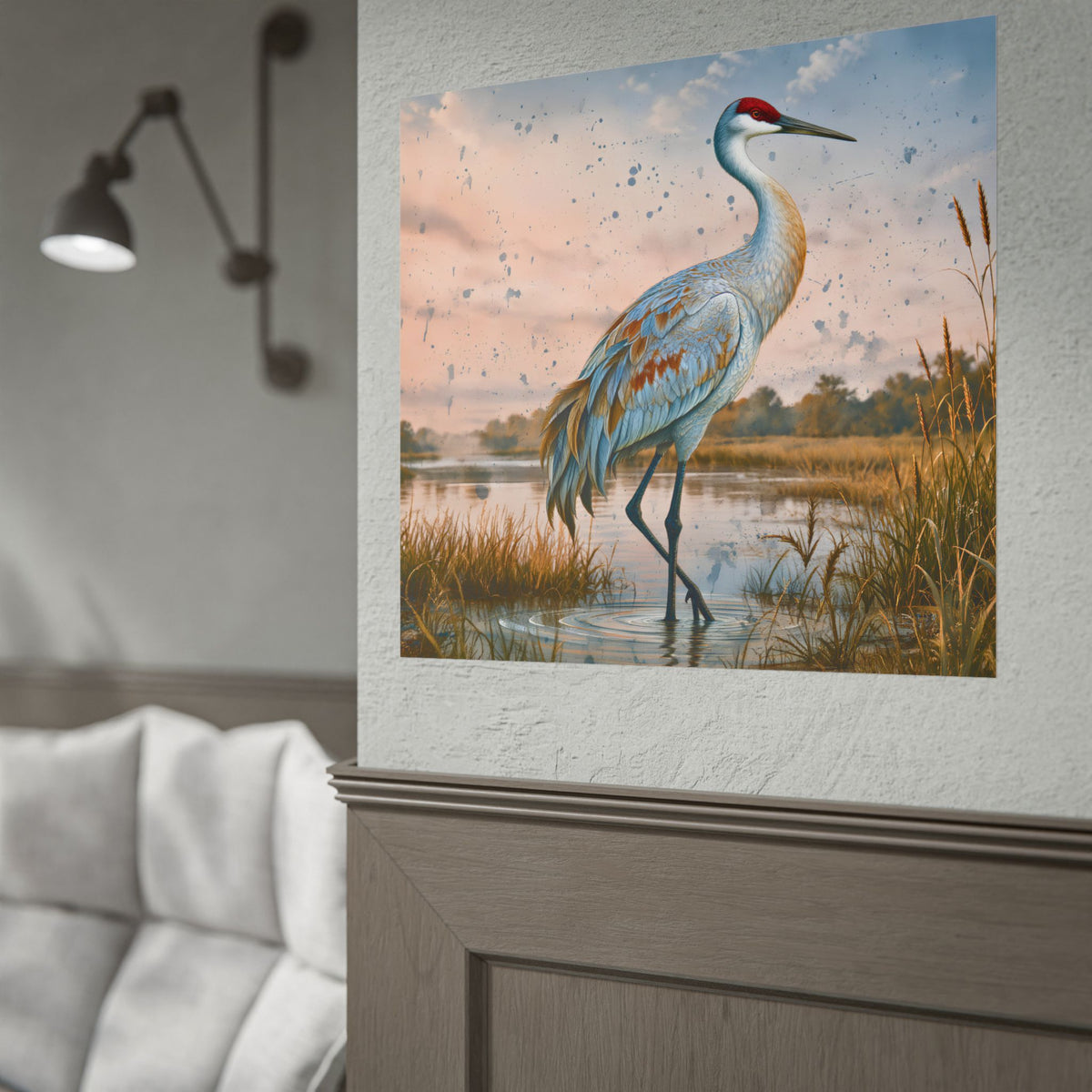 Sandhill Crane Rolled Poster | Wetland Bird Art, Marsh Landscape