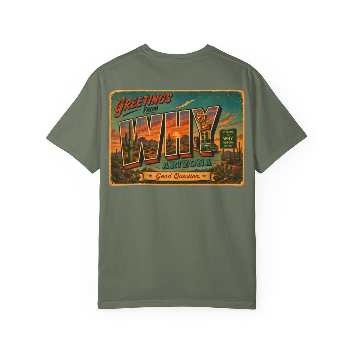 Greetings from WHY Arizona T-shirt | Road Trip Vintage Postcard Design
