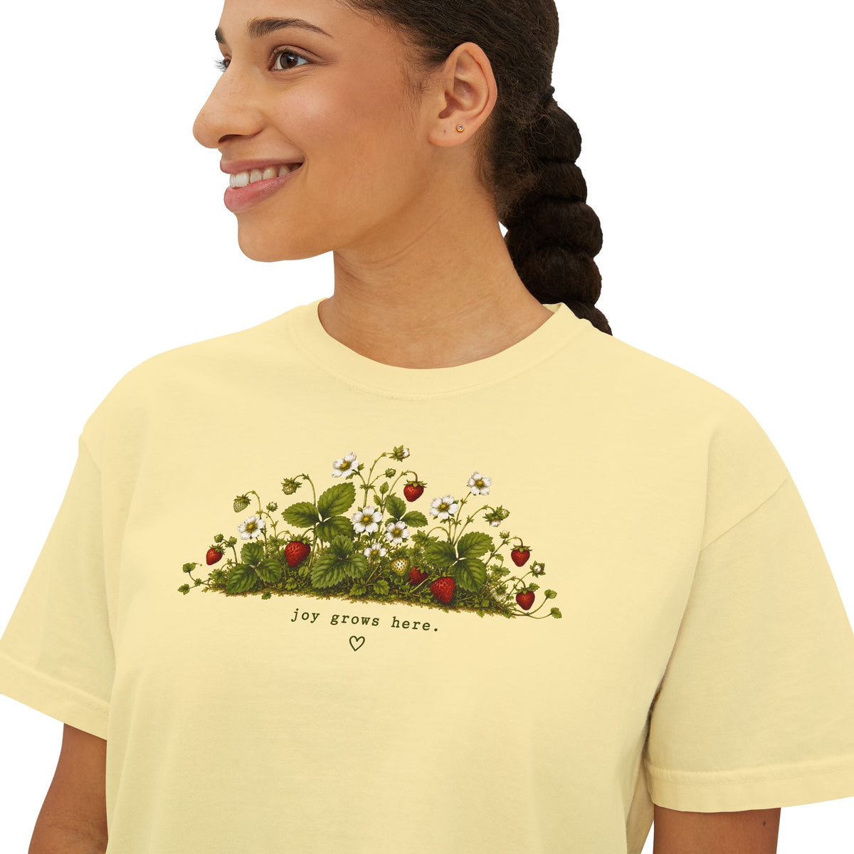 Joy Grows Here Boxy Tee | Strawberry Blossom Cottagecore Shirt | Cute Women's Cropped Relaxed Graphic Tee