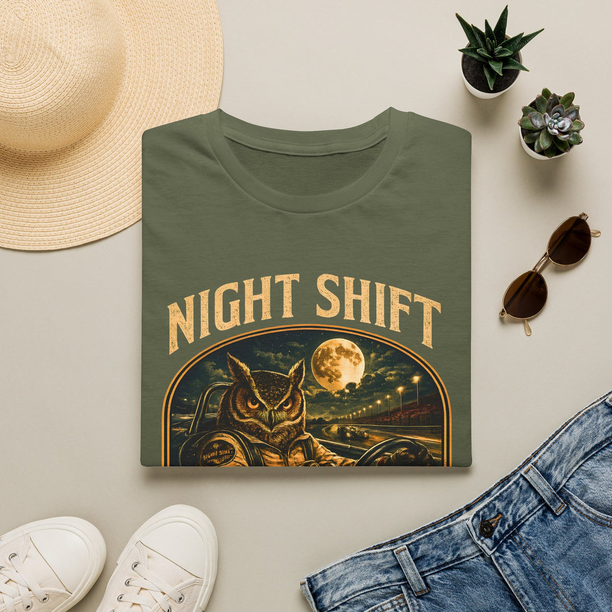 Night Shift Racing Shirt, Owl Race Car Tee, Vintage Motorsport, Sunset To Sunrise Graphic, Night Owl Racing, Retro Racing Gift