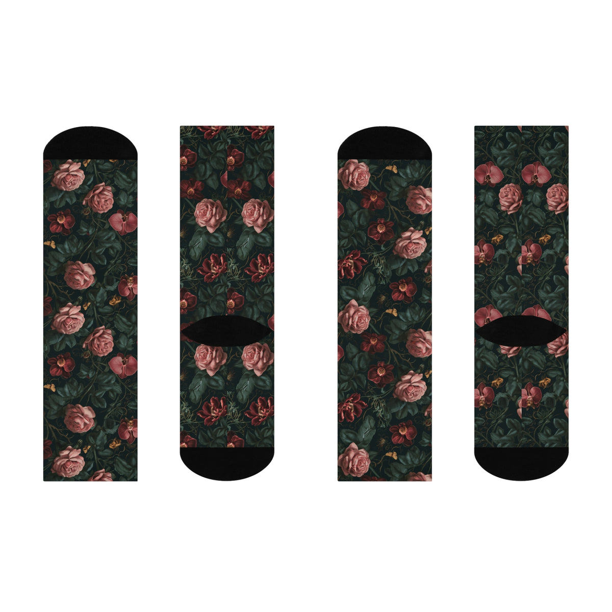 Midnight Rose Crew Socks | Gothic Botanical Moths & Flowers