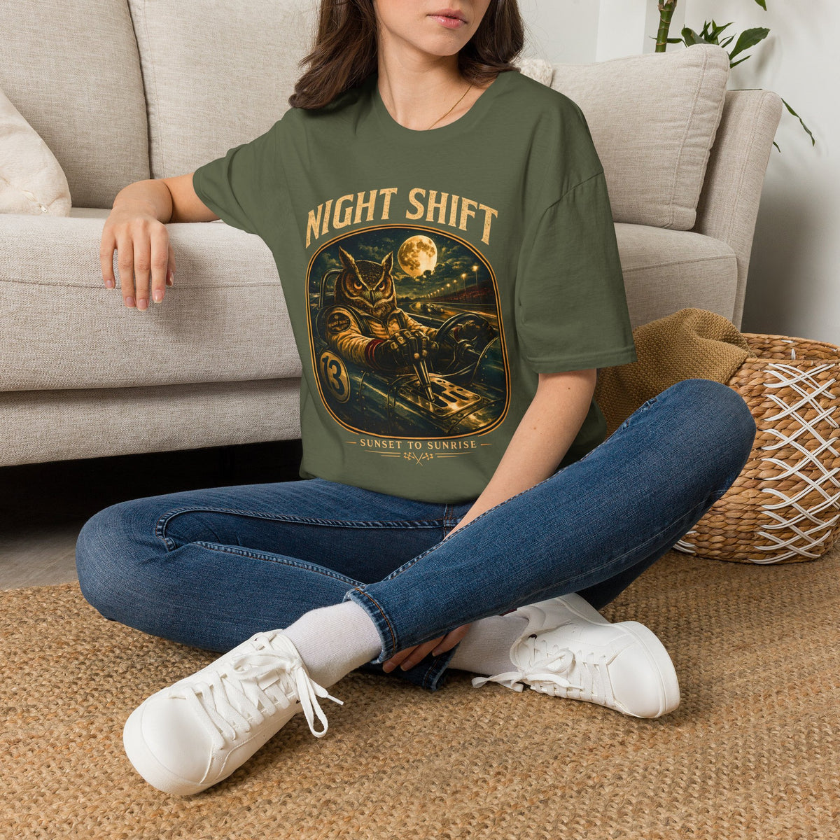 Night Shift Racing Shirt, Owl Race Car Tee, Vintage Motorsport, Sunset To Sunrise Graphic, Night Owl Racing, Retro Racing Gift