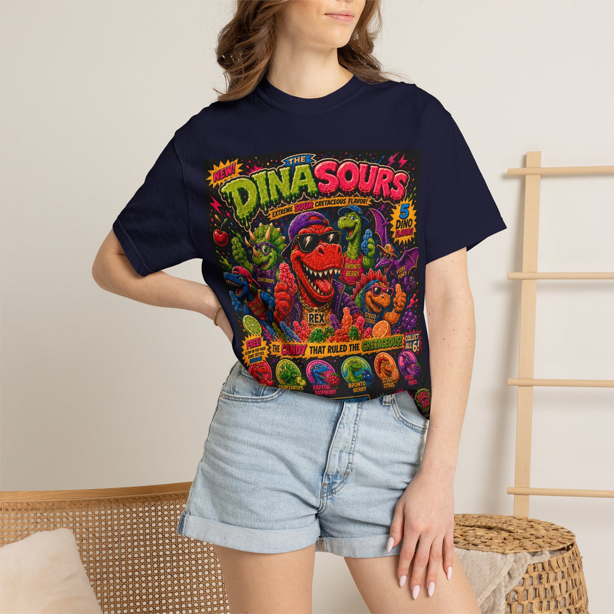 The Dinasours Retro Candy Shirt | Vintage 80s Cartoon Candy Tee | Funny Dinosaur Graphic Tee | Nostalgic Saturday Morning Candy Box Shirt