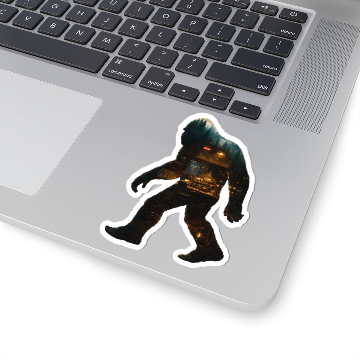 Bigfoot Silhouette Cabin Scene Sticker | Kiss-Cut Sticker