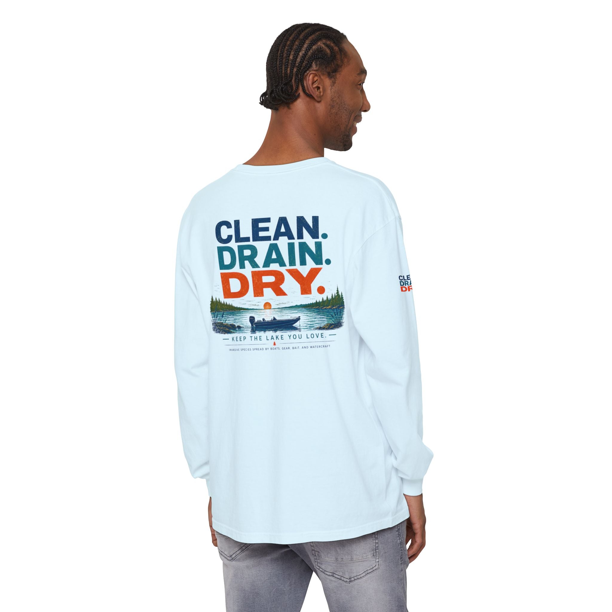Long Sleeve Tee — "Clean. Drain. Dry." Lake Conservation Shirt