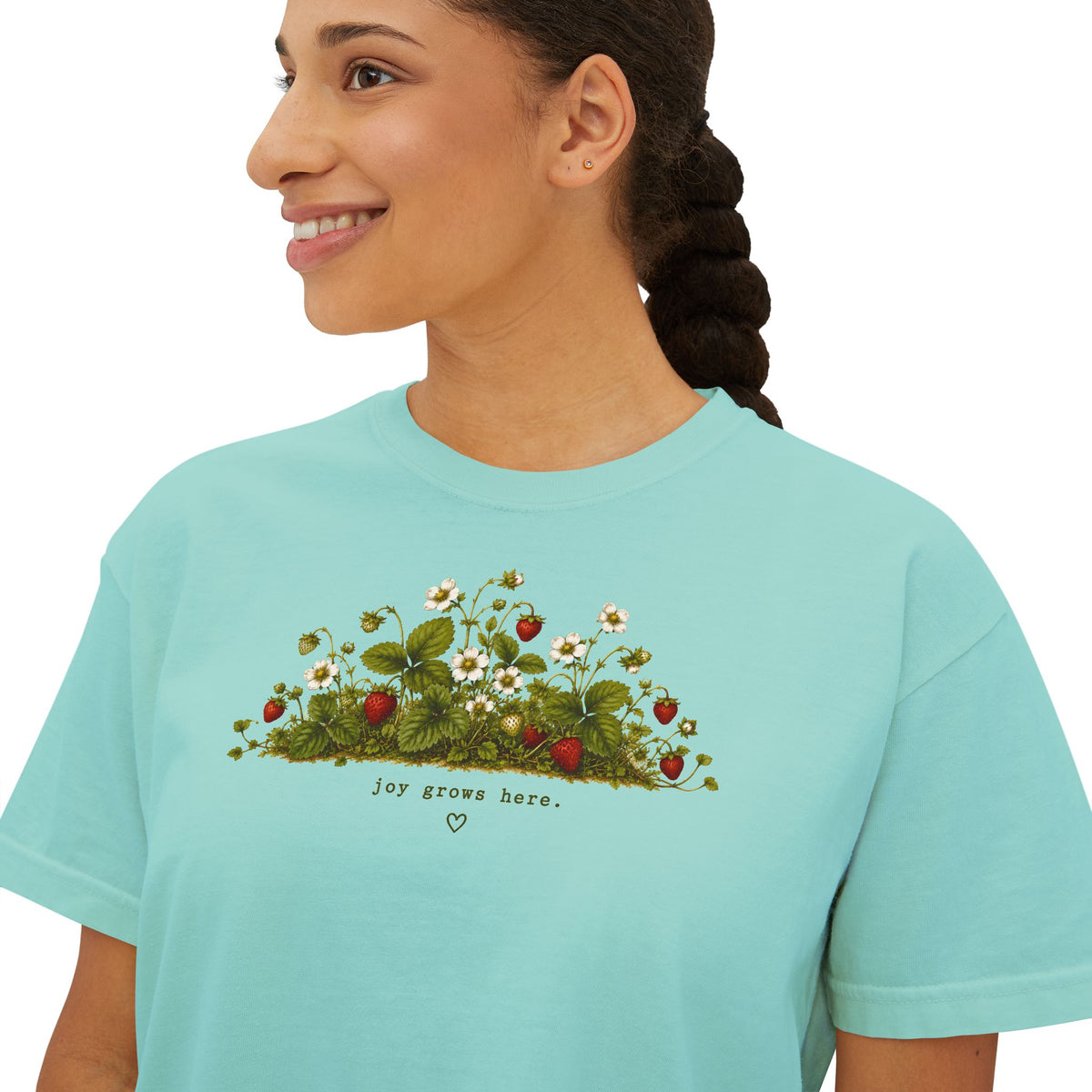 Joy Grows Here Boxy Tee | Strawberry Blossom Cottagecore Shirt | Cute Women's Cropped Relaxed Graphic Tee