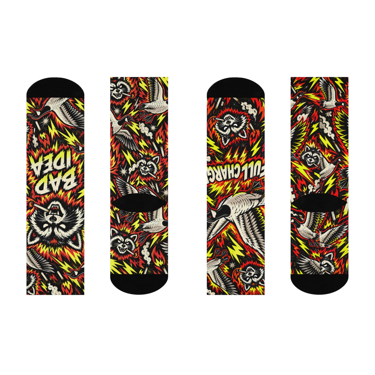 Crazy Goose & Raccoon Crew Socks, Full Charge Bad Idea Graphic Socks, Punk Wildlife Socks, Funny Animal Gift