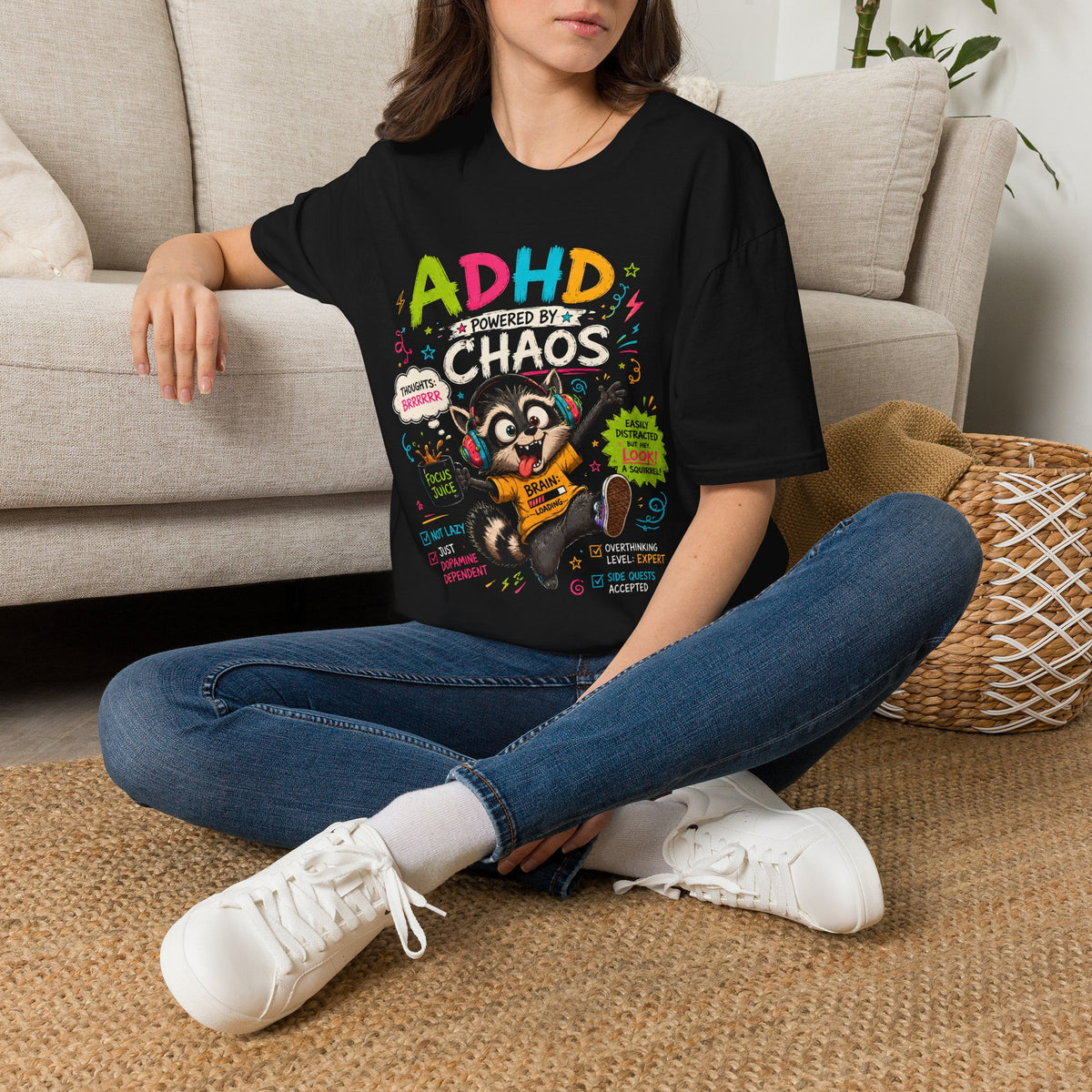 Funny ADHD Shirt for Adults, ADHD Raccoon Tee, Neurodivergent Gift, ADHD Humor Graphic Shirt, Powered by Chaos Tee