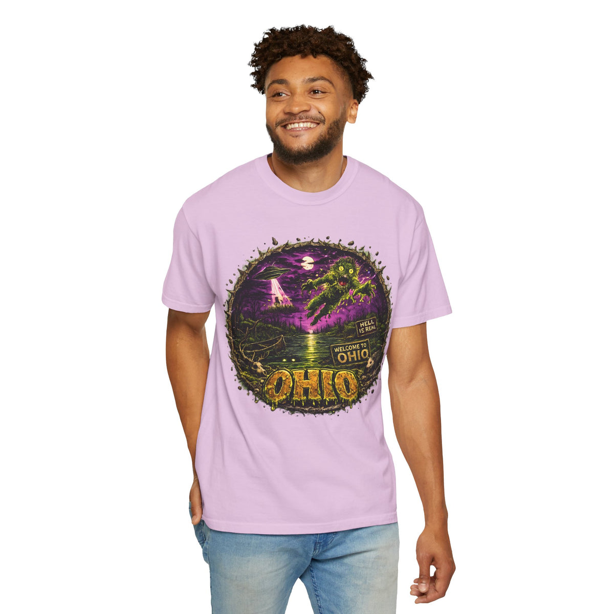 Ohio Horror Shirt, Lake Erie Monster Graphic, Cryptid UFO Horror Tee, Midwest Gothic Alien Swamp Design, Retro Halloween Unisex Garment Dyed