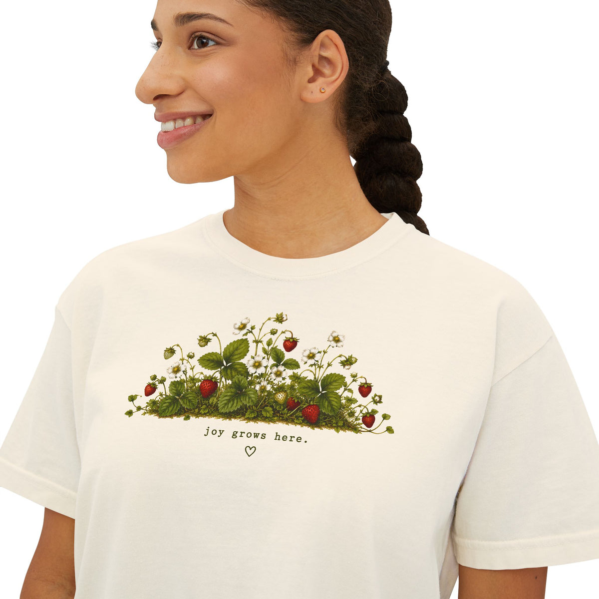 Joy Grows Here Boxy Tee | Strawberry Blossom Cottagecore Shirt | Cute Women's Cropped Relaxed Graphic Tee