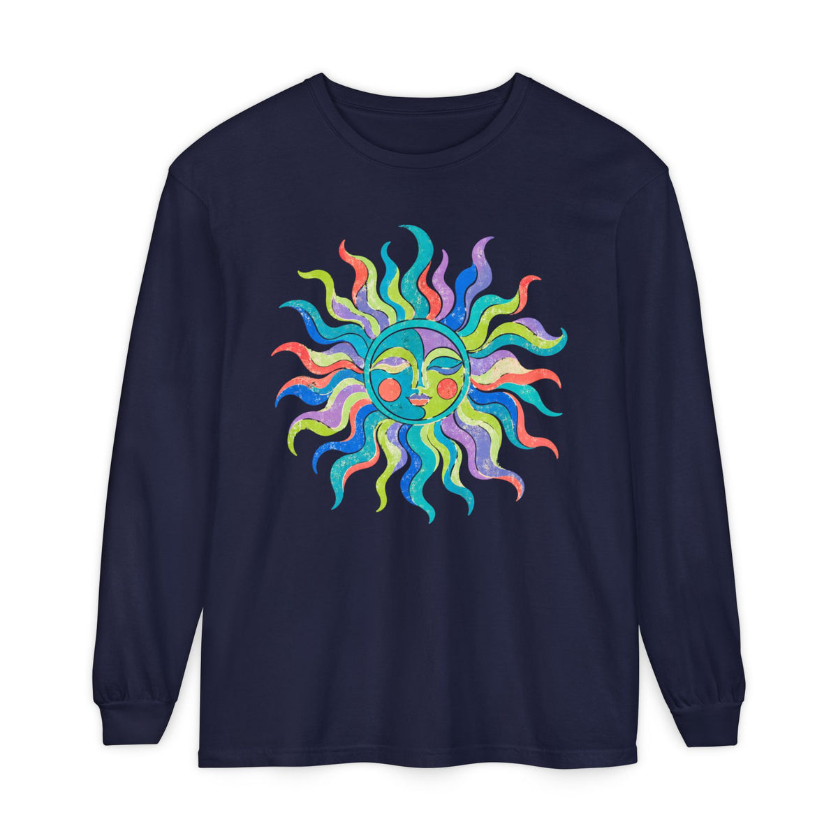 Colorful Sun Long Sleeve Shirt, Celestial Sun Face Tee, Retro Folk Art Shirt, Whimsical Boho Graphic Top
