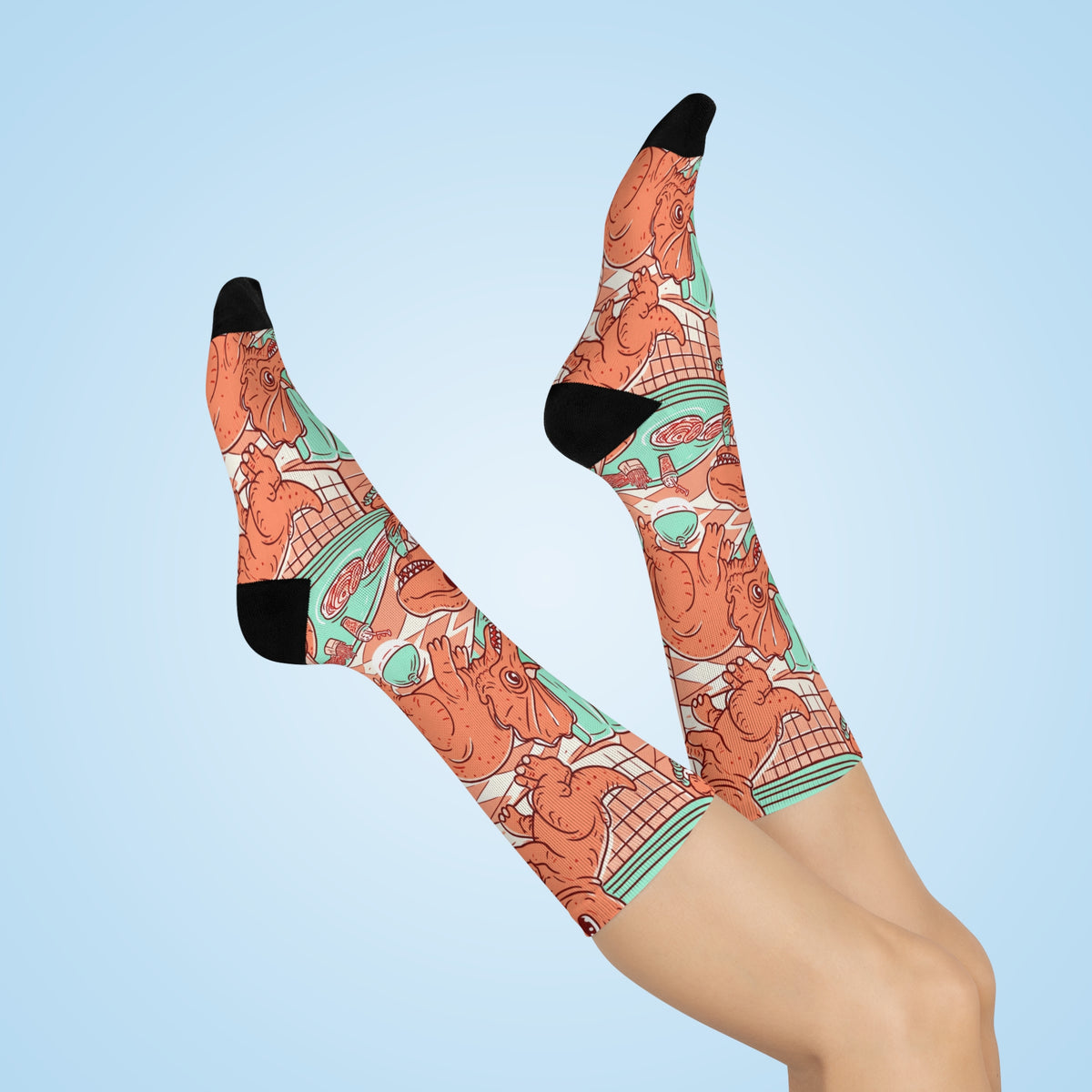 Retro Dinosaur Diner Crew Socks | Mint Coral Vintage Print