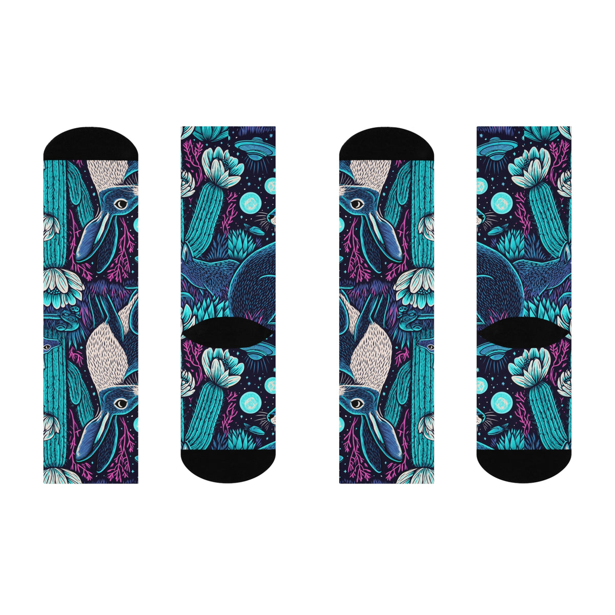 Neon Desert Night Crew Socks | Blue Jackrabbit UFO Cactus