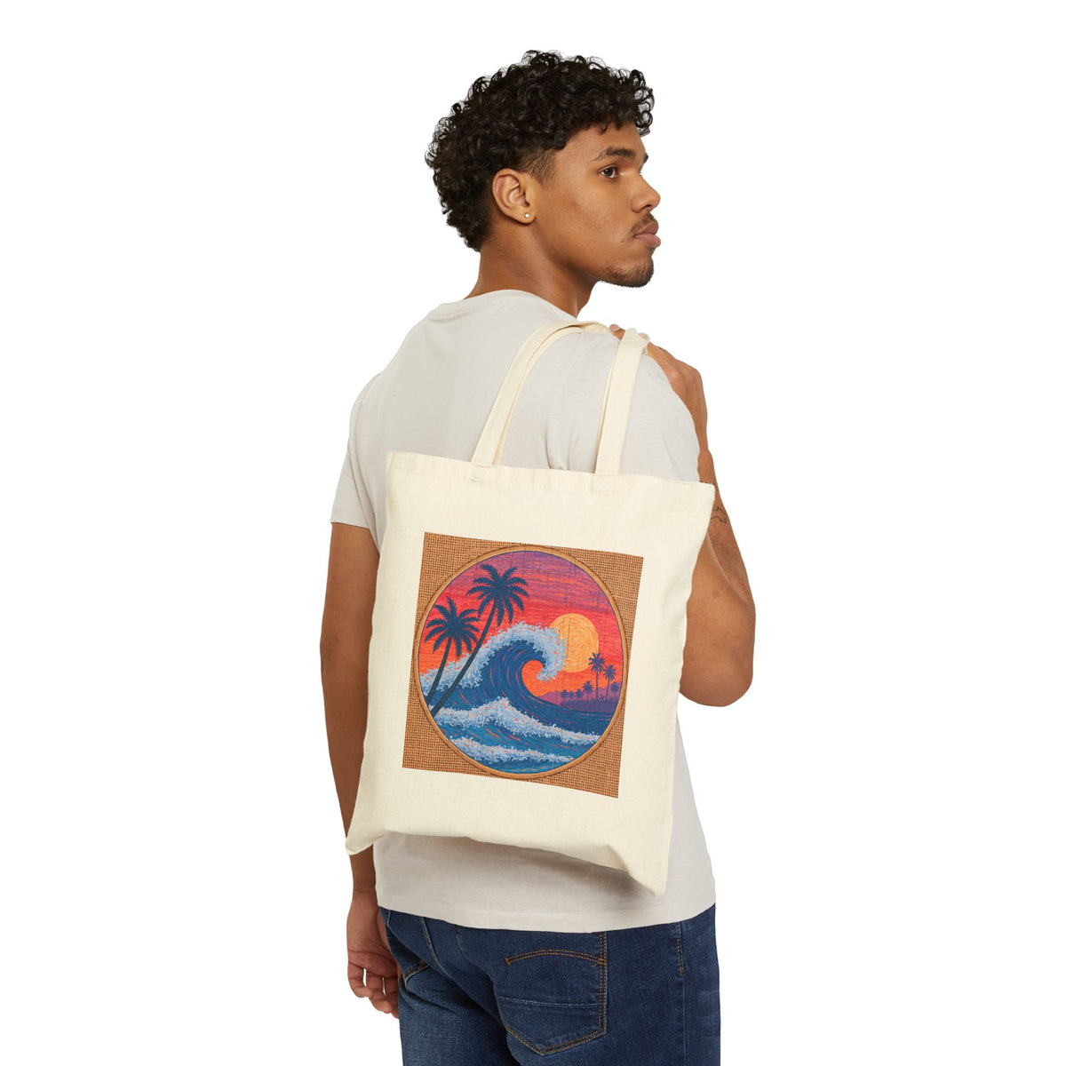 Coastal Sunset Wave Canvas Tote Bag, Tropical Beach Art Market Bag
