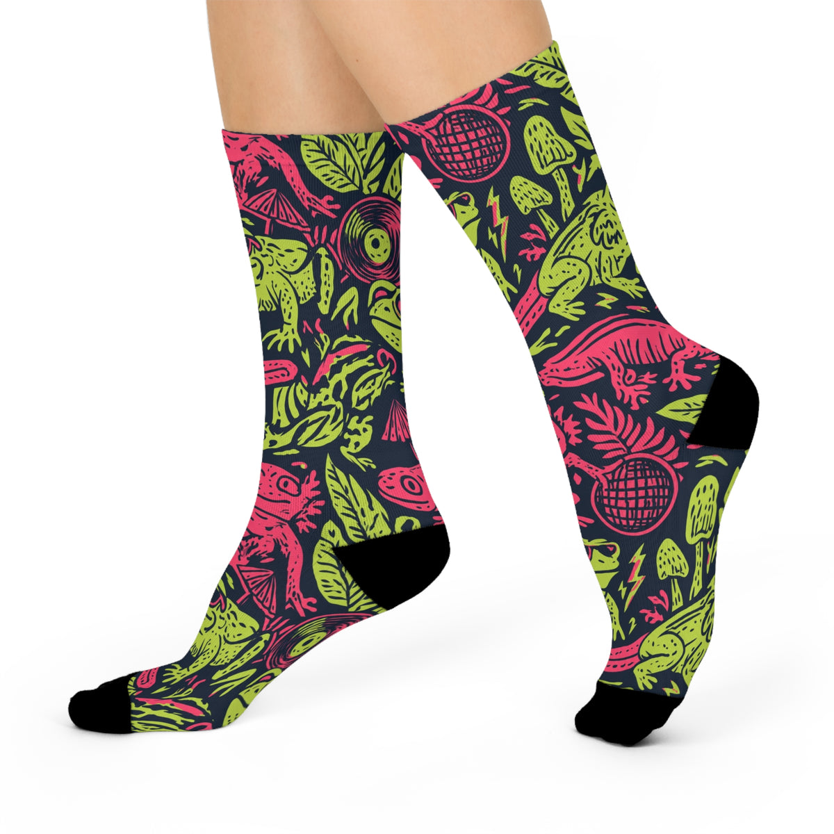 Neon Jungle Frog Crew Socks | Hot Pink Lime Amphibian Print