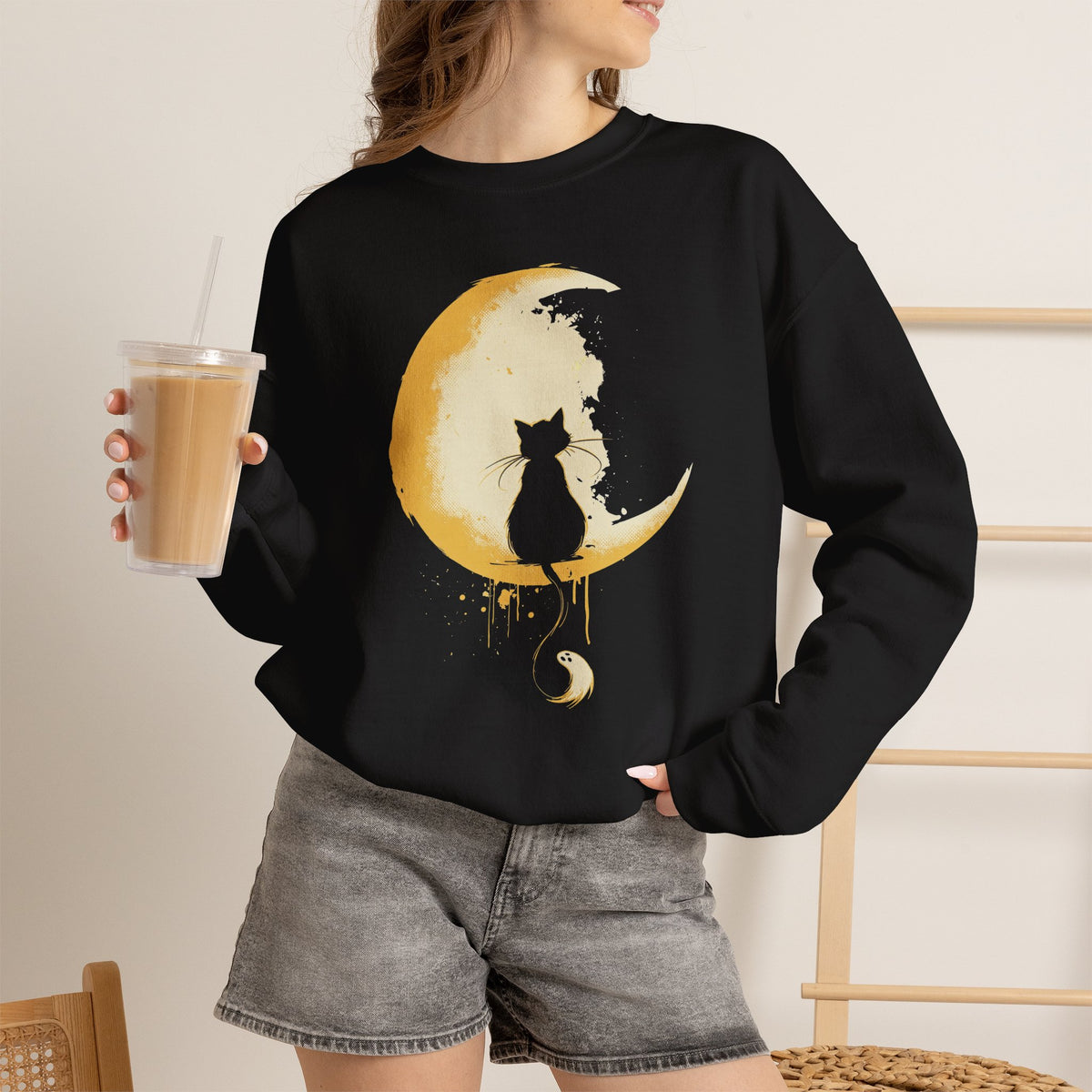 Cat Silhouette on Crescent Moon sweatshirt | Night Sky, Drip Moon Art