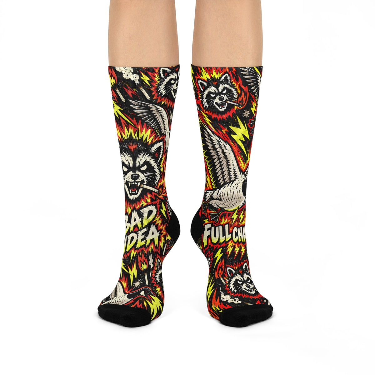 Crazy Goose & Raccoon Crew Socks, Full Charge Bad Idea Graphic Socks, Punk Wildlife Socks, Funny Animal Gift