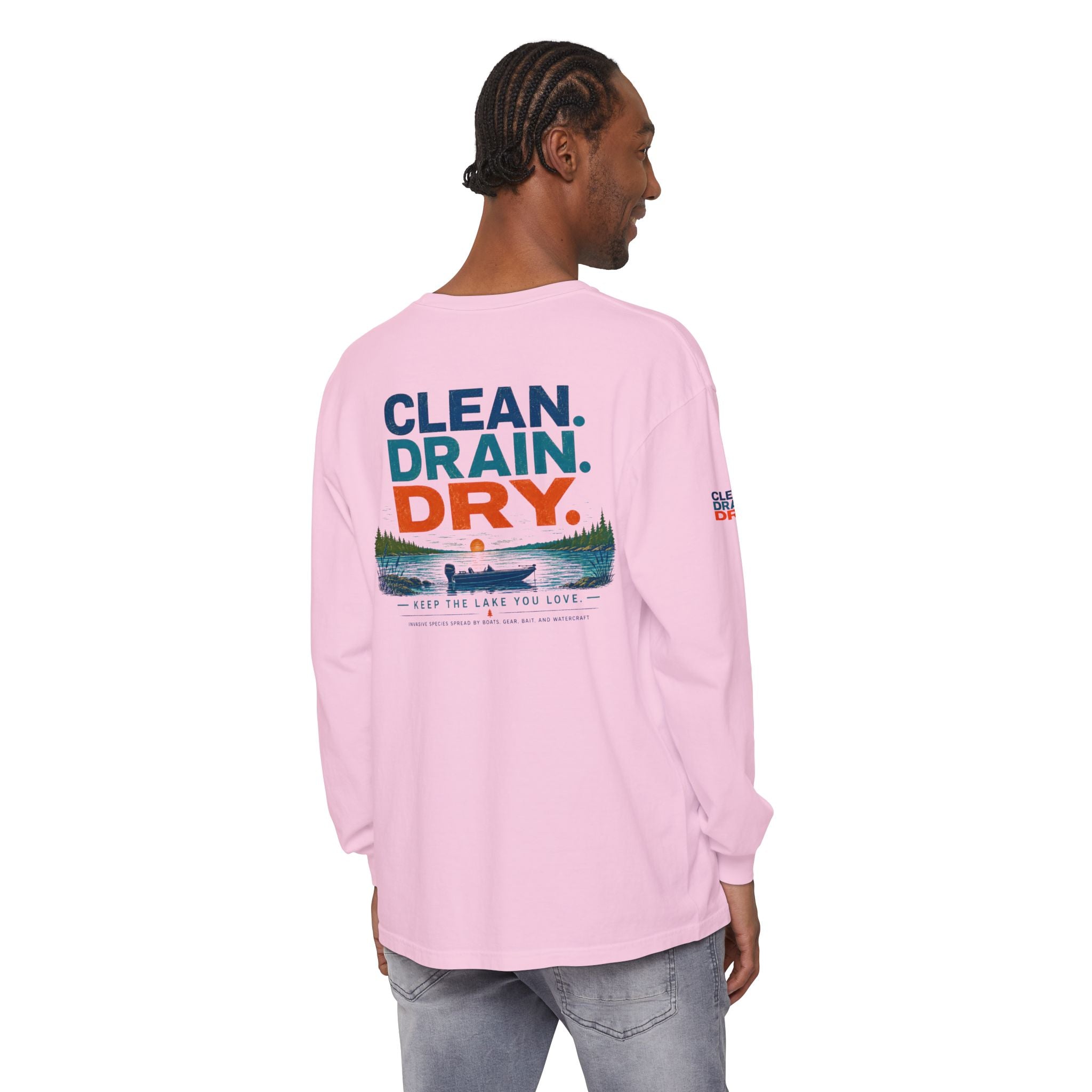 Long Sleeve Tee — "Clean. Drain. Dry." Lake Conservation Shirt
