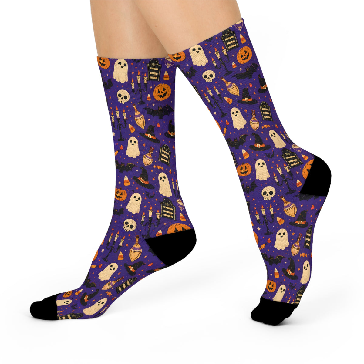 Halloween pattern Ghosts Pumpkins Candy Crew Socks | Purple spooky novelty