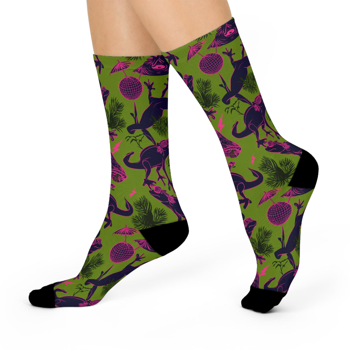Disco Lizard Crew Socks | Neon Pink Green Retro Jungle