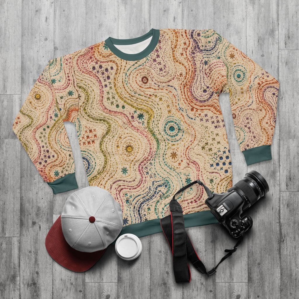 Threaded Terrain Embroidered Style All Over Sweatshirt | Abstract Topographic Stitch Pattern | Cozy Unisex Pullover