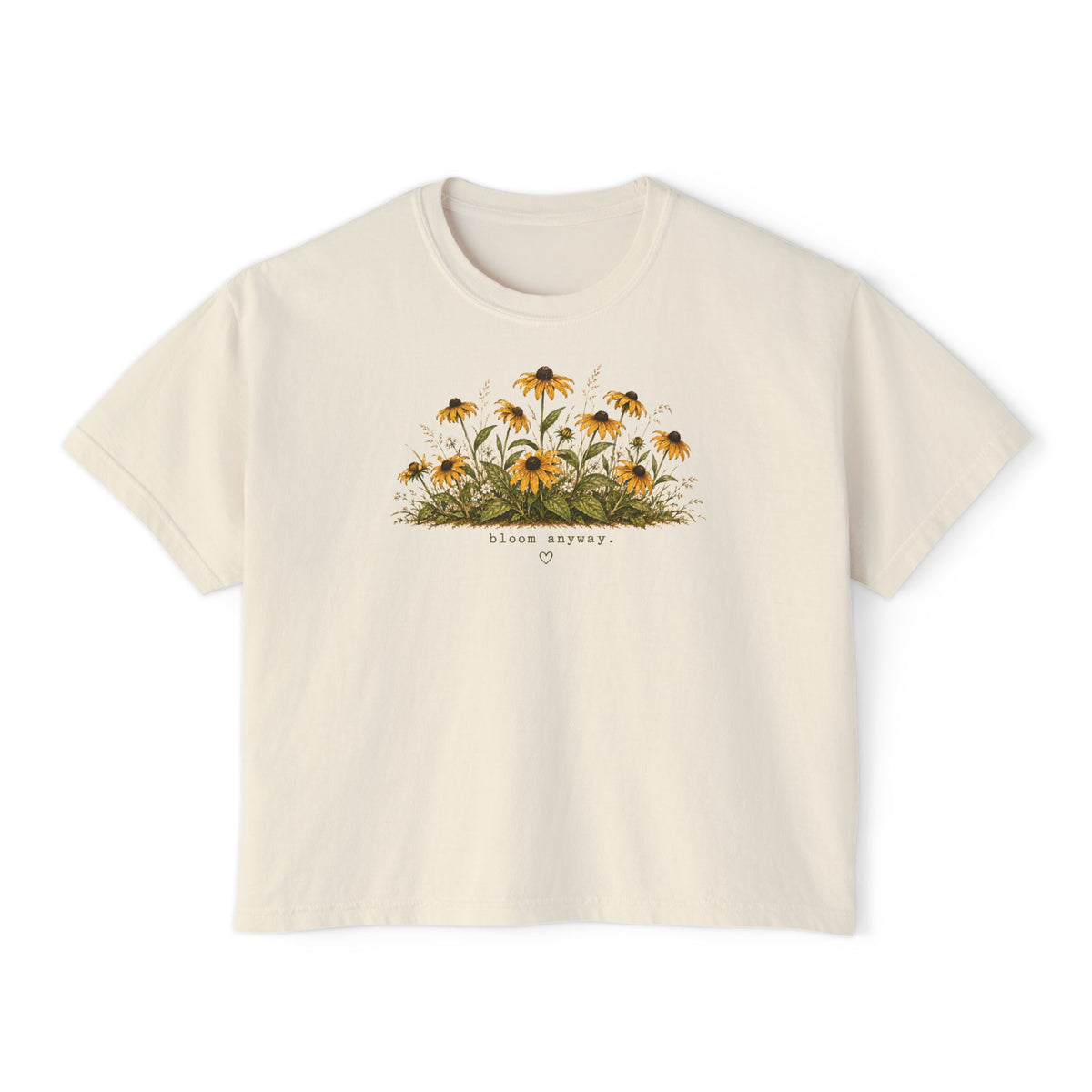 Bloom Anyway Boxy Tee | Black-Eyed Susan Wildflower Shirt | Cottagecore Floral Graphic Tee | Women's Relaxed Cropped Nature Shirt