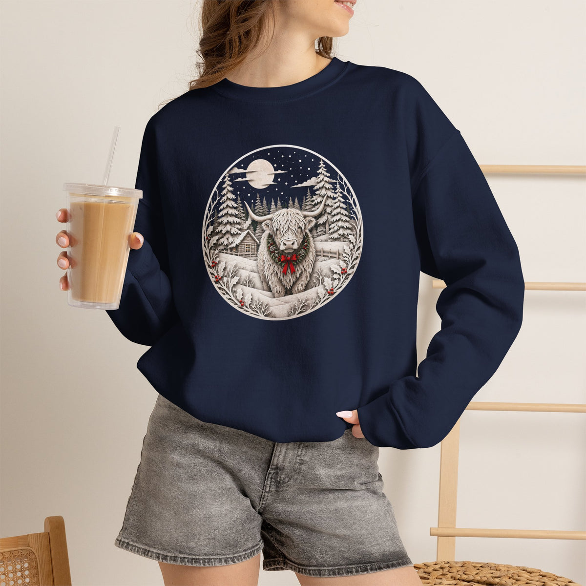 Christmas Highland Cow Sweatshirt, Winter Highland Cow Crewneck, Cozy Christmas Cow Sweatshirt, Rustic Holiday Sweatshirt