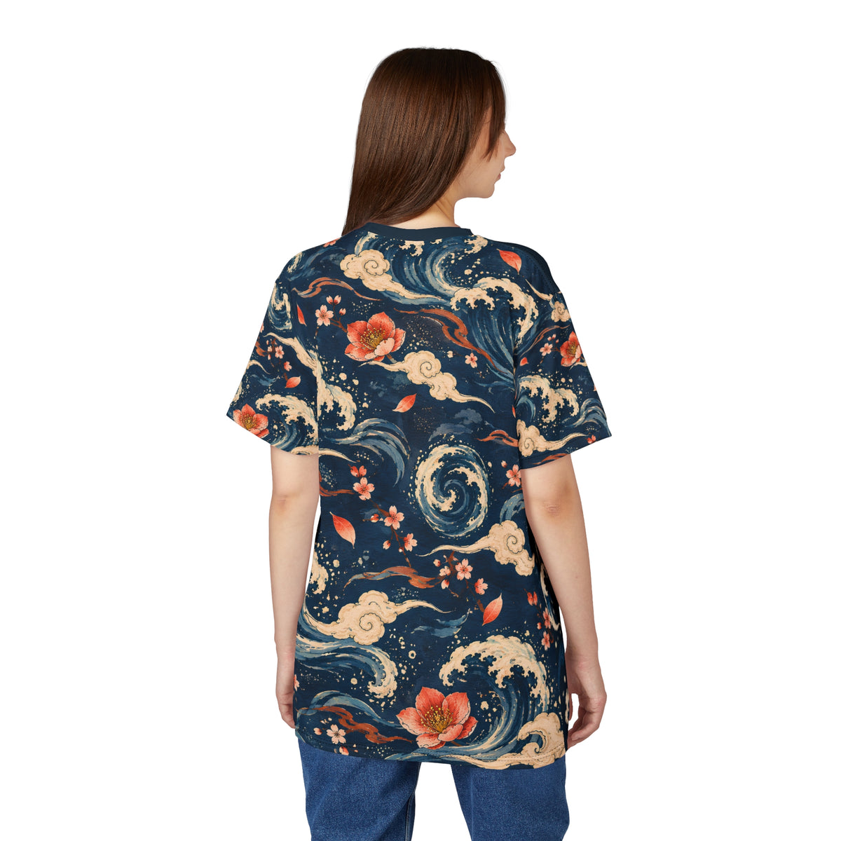 Flowers in a Hurricane Shirt | Japanese Wave Art All Over Print Tee | Floral Storm Graphic T-Shirt | Ukiyo-e Inspired Ocean Design