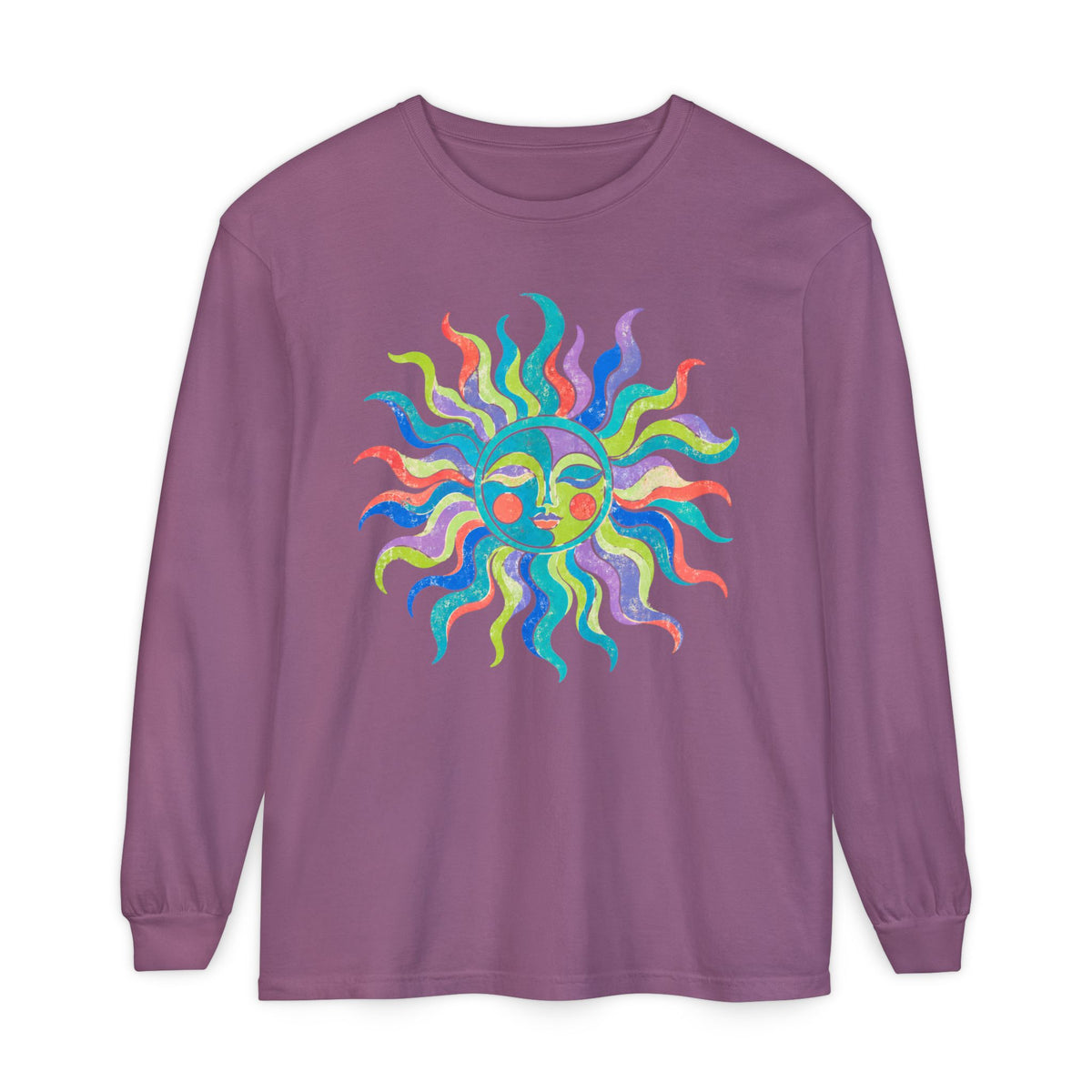 Colorful Sun Long Sleeve Shirt, Celestial Sun Face Tee, Retro Folk Art Shirt, Whimsical Boho Graphic Top