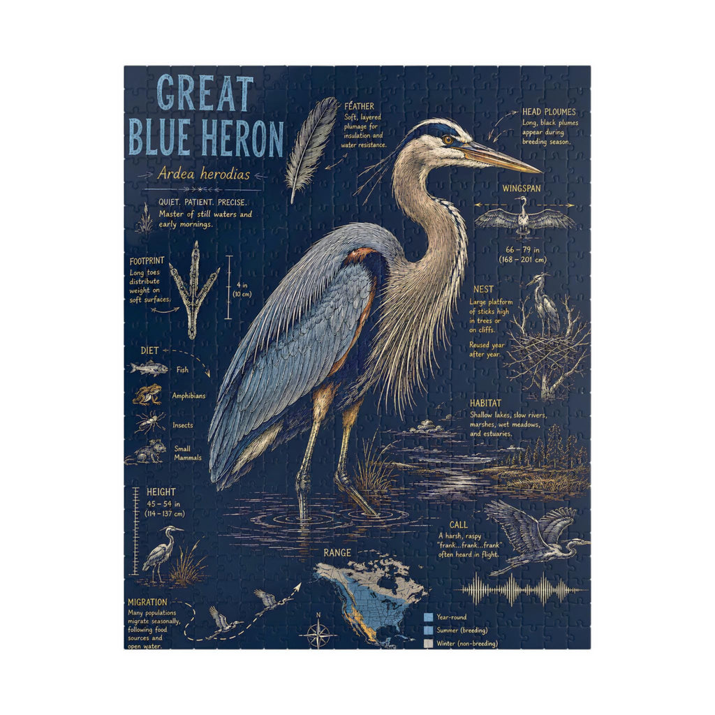 Blue Heron Nature Illustration Puzzle | Wetlands Bird Jigsaw (110-520 Pieces)