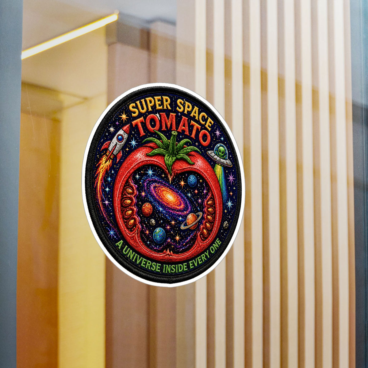 Super Space Tomato Sticker, Cosmic Patch Decal, Retro Galaxy Vinyl, Funny Space Food Art, Psychedelic Sci Fi