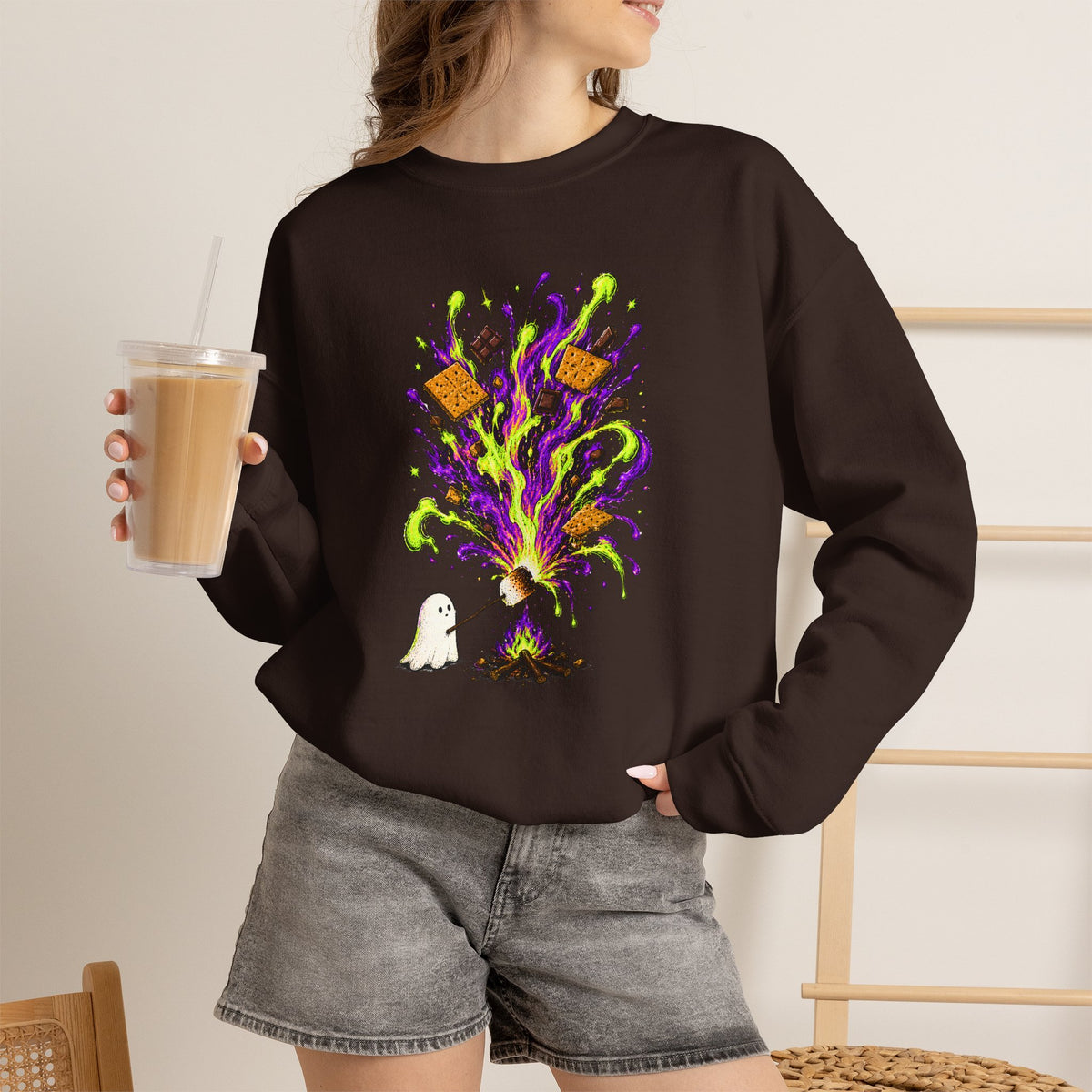 Halloween Ghost Smores Sweatshirt, Neon Spooky Campfire Crewneck, Cute Ghost Marshmallow Shirt, Halloween Camping Sweatshirt