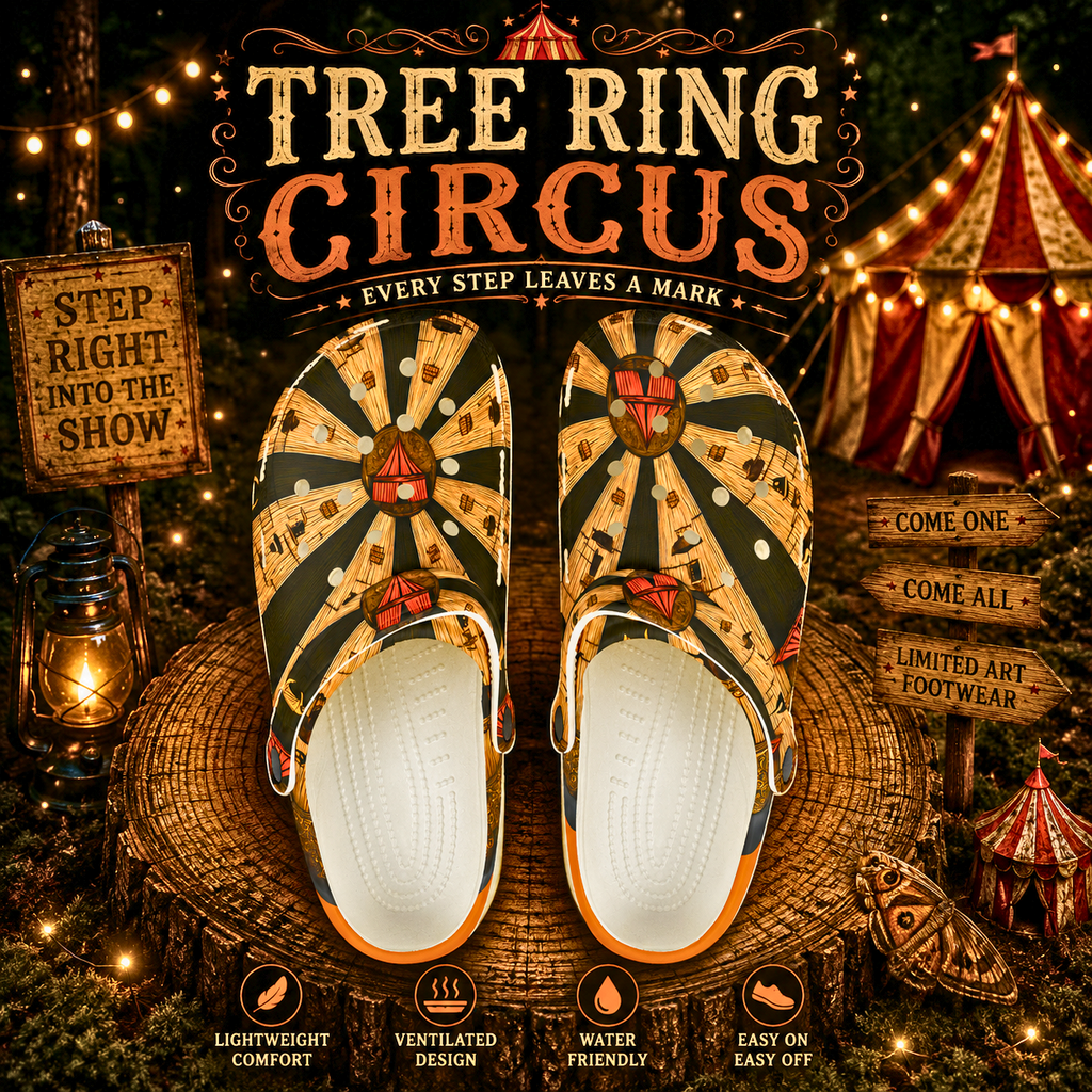 Tree Ring Circus Clogs | Woodland Carnival Art Shoes | Lightweight Ventilated Slip-On Footwear